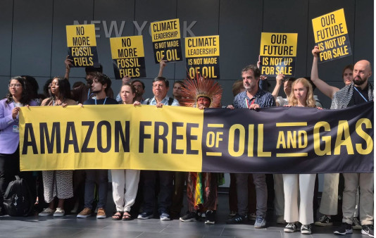 Foto: Demontstrierende Menschen heben Plakate hoch "Amazon free of Oil and Gas""