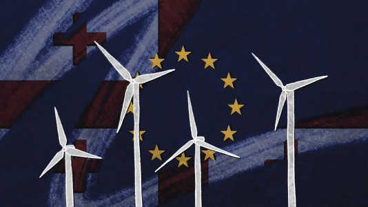 Foto: Collage mit Windrädern, der georgischen Flagge und der EU Fahne