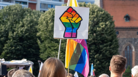 Ein Protestplakat mit geballter Faust in Regenbogen-Farben