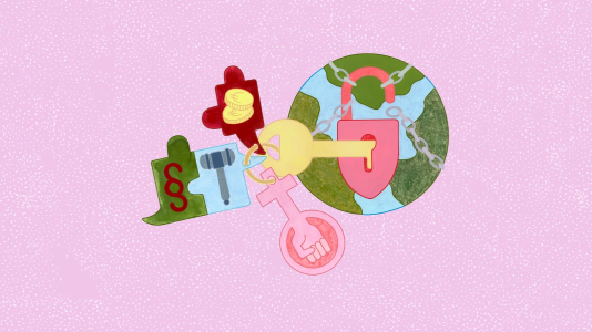 Illustration: Vor rosa Hintergrund schwebt eine Erdkugel, die mit einer Kette und Schloss verschlossen ist.